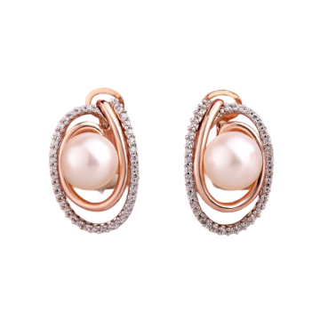 Earrings in red gold of 585 assay value with natural pearl and zirconia 