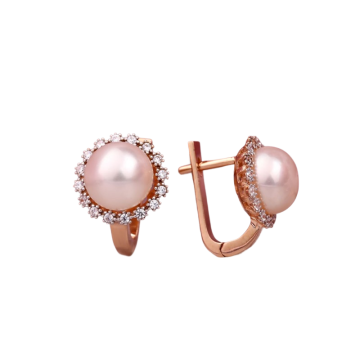 Earrings in red gold of 585 assay value with natural pearl and zirconia 