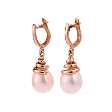 Earrings in red gold of 585 assay value with natural pearl 