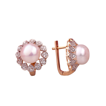 Earrings in red gold of 585 assay value with natural pearl and zirconia 