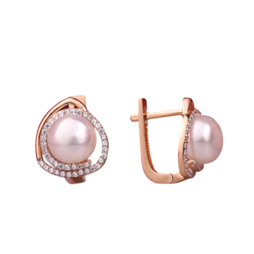 Earrings in red gold of 585 assay value with natural pearl and zirconia 