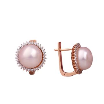 Earrings in red gold of 585 assay value with natural pearl 