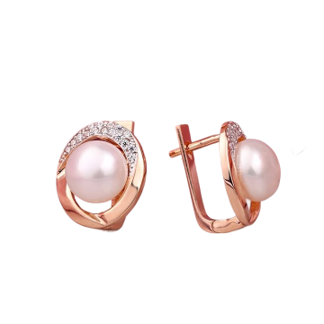 Earrings in red gold of 585 assay value with natural pearl and zirconia 