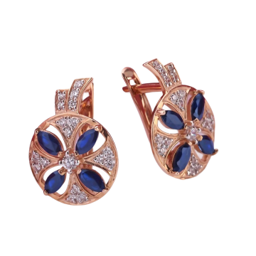 Earrings in red gold of 585 assay value with zirconia and sapphire 