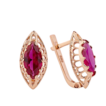 Earrings in red gold of 585 assay value with ruby HTS 