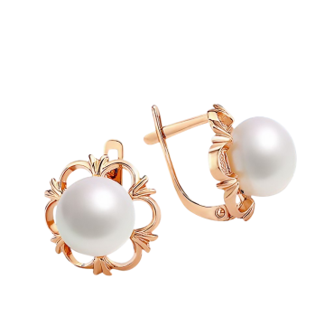 Earrings in red gold of 585 assay value with natural pearl 