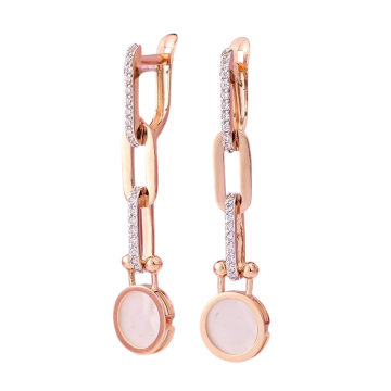 Gold Dangle Earrings with Mother-of-Pearl and Cubic Zirconia 