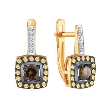 Earrings in red gold of 585 assay value with smoky topaz, zirconia 