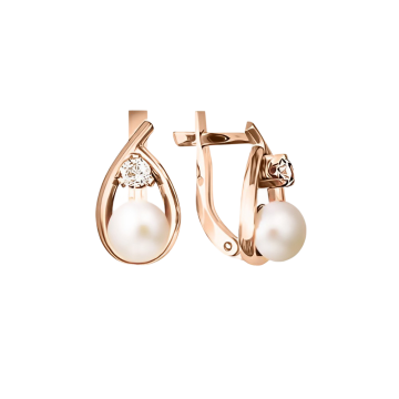 Earrings in red gold of 585 assay value with natural pearl and zirconia 