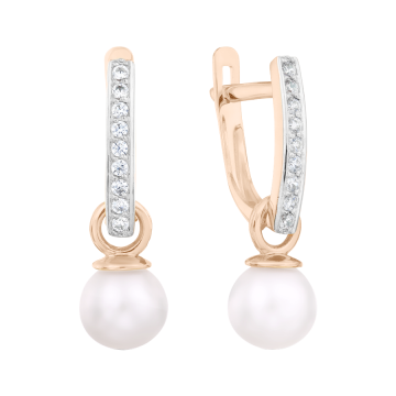 Earrings in red gold of 585 assay value with natural pearl and zirconia 