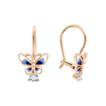 Infant earrings in red gold of 585 assay value (14ct) with enamel and zirconia 