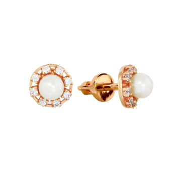 Earrings in red gold of 585 assay value with Pearls and Cubic Zirconia 