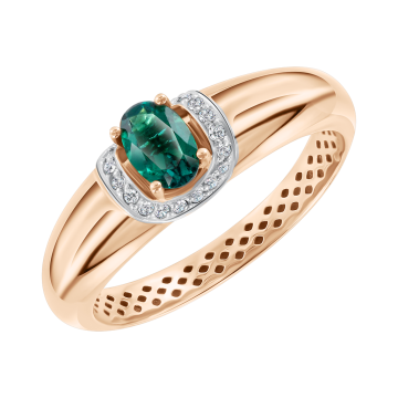Lady´s ring in red gold of 585 assay value with diamonds and emeralds 