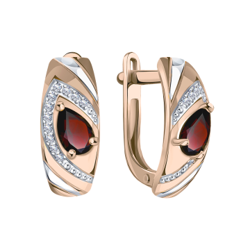 Earrings in red gold of 585 assay value with garnet, zirconia 