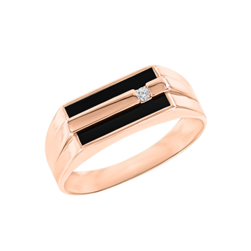 Man´s ring in red gold of 585 assay value with onyx and diamond 