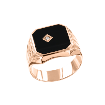 Herrenring aus Rotgold 585° mit Zirkonia, Onyx 
