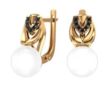 Серьги из красного золота 585 пробы с фианитами и жемчугом 