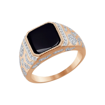 Herrenring aus Rotgold 585° mit Onyx, Zirkonia 