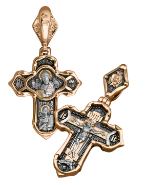 Orthodoxer Kreuzanhänger „Kreuzigung Christi“ und „Hl. Theodor Uschakow“ aus 925er Sterlingsilber, vergoldet mit 999er Rotgold. 