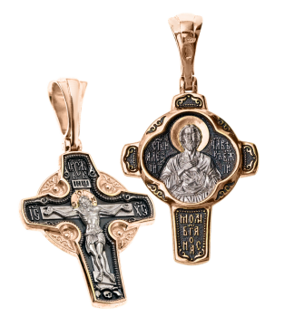 Orthodoxer Kreuzanhänger „Kreuzigung Christi“ und „Hl. Alexius, der Mensch Gottes“ aus 925er Sterlingsilber, vergoldet mit 999er Rotgold. 