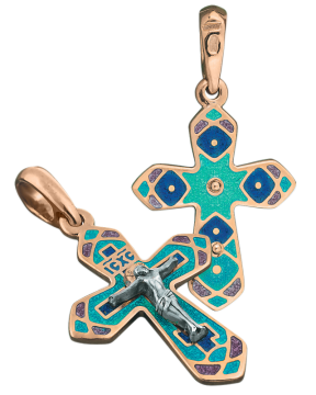 Orthodoxe Kreuz-Anhänger "Kreuzigung Christi" Silber 925° mit Rotgold vergoldet 999° mit  Emaille 