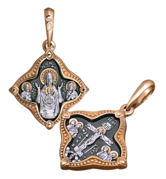 Orthodoxer Ikonenanhänger „Kreuzigung Christi“ und „Abalazkaja Gottesmutter“ aus 925er Sterlingsilber, vergoldet mit 999er Rotgold. 