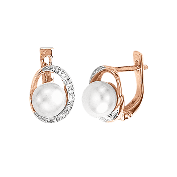 Серьги из красного золота 585 пробы с жемчугом, фианиты 