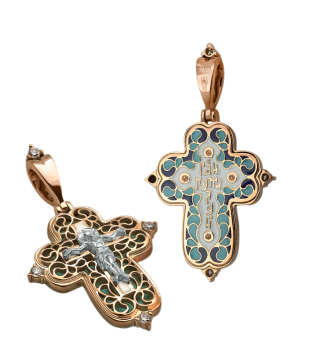 Orthodoxe Kreuz-Anhänger "Kreuzigung Christi" Silber 925° mit Rotgold vergoldet 999°. Besetzt mit Zirkonia und Emaille 