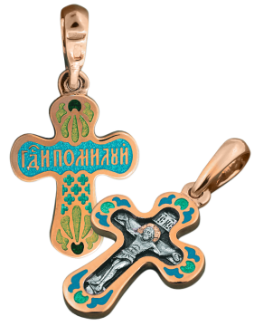 Orthodoxer Kreuzanhänger „Kreuzigung Christi“ aus 925er Sterlingsilber, vergoldet mit 999 Karat Rotgold mit blauer Emaille 