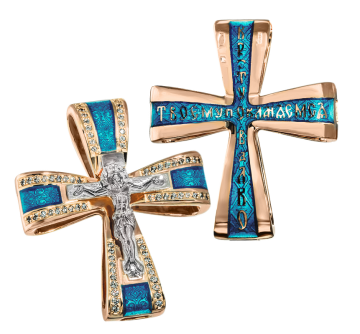Orthodoxe Kreuz-Anhänger "Kreuzigung Christi" Silber 925° mit Rotgold vergoldet 999°. Besetzt mit Zirkonia und Emaille 