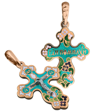 Orthodoxer Kreuzanhänger „Kreuzigung Christi“ „Herr erbarme dich“ Silber 925°, heiße Emaille, Vergoldet mit Rotgold 999° 