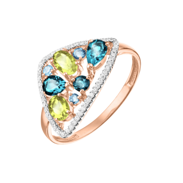 Rotgold 585° Damenring mit Zirkonia, Topas London Blau, Amethyst, Topas, Chrysolith 