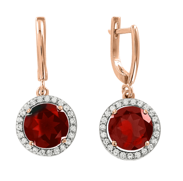 Earrings in red gold of 585 assay value with garnet, zirconia 