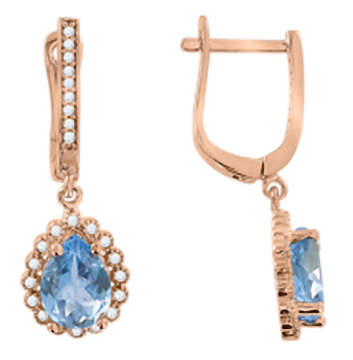 Earrings in red gold of 585 assay value with blue topaz, zirconia 