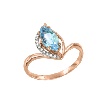 Rotgold 585° Damenring mit blau Topas, Zirkonia 
