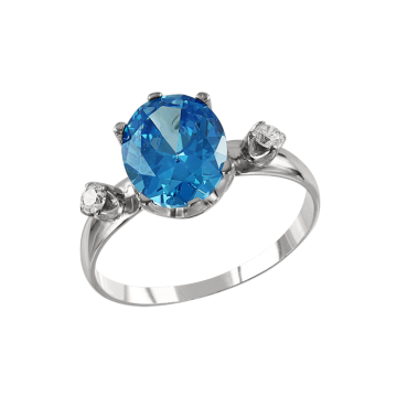 Кольцо из белого золота с бриллиантами и голубым топазом 