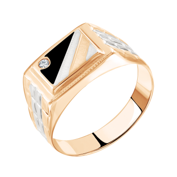 Кольцо мужское из красного золота с ониксом и фианиты 