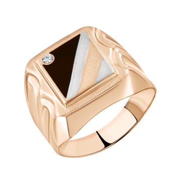Herrenring aus Rotgold 585° mit schwarze Emaille, Zirkonia 