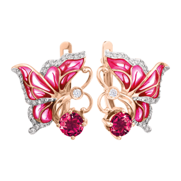 Серьги из красного золота 585 пробы с Родолит, Эмаль 