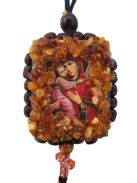 Икона для автомобиля, украшенная натуральным янтарем 