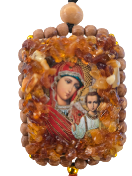 Икона для автомобиля, украшенная натуральным янтарем 