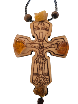 Икона для автомобиля, украшенная натуральным янтарем 