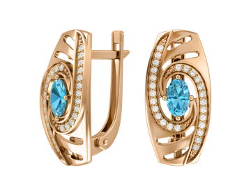 Серьги из красного золота 585 пробы с голубым топазом и фианитами 