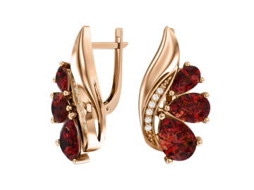 Earrings in red gold of 585 assay value with garnet, zirconia 