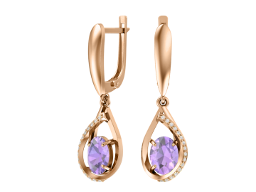 Серьги из красного золота 585 пробы с аметистом и фианитами 