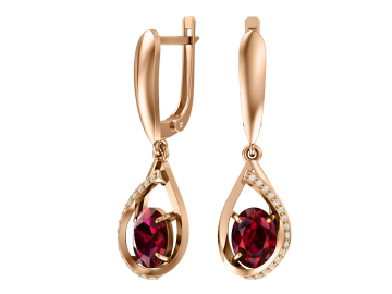 Earrings in red gold of 585 assay value with garnet, zirconia 
