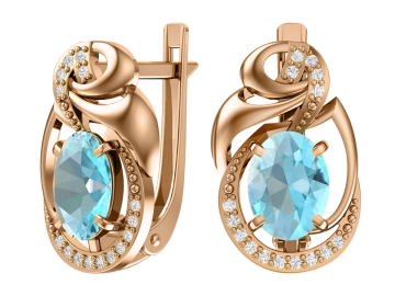 Earrings in red gold of 585 assay value with blue topaz, zirconia 