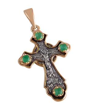 Orthodoxer Kreuzanhänger „Kreuzigung Christi“ und „Hl. Nikolaus Wundertäter“ aus 925er Sterlingsilber, vergoldet mit 999er Rotgold, mit vier Smaragden. 