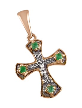 Orthodoxer Kreuzanhänger „Kreuzigung Christi“ aus 925er Sterlingsilber mit Vergoldung und einem Smaragd. 