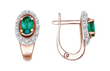 Earrings in red gold of 585 assay value with diamonds and emeralds 